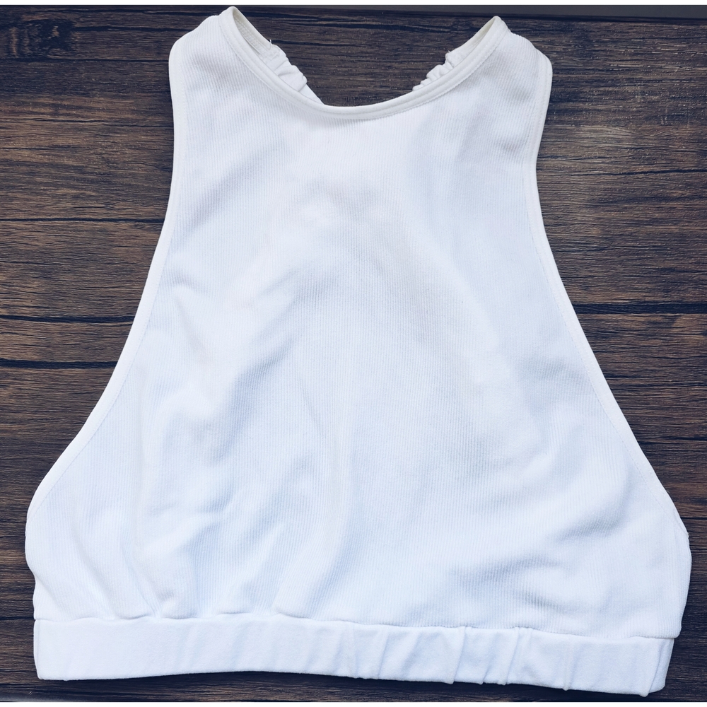 White Ribbed High Neck Backless Crop Tank
